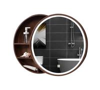Armoire à pharmacie ronde LED en bois de noyer, miroir rond de 70 cm avec lumière pour salle de bain, chambre à coucher, coiffeuse, salon, solution de rangement élégante et entrée