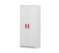 Armoire à portes battantes JONAS 06 - Armoire enfant 80 cm blanc/blanc avec poignées rouges