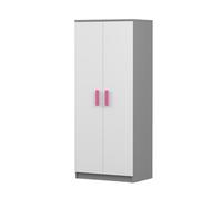 Armoire à portes battantes JONAS 06 - armoire enfant 80 cm gris/blanc avec poignées roses.
