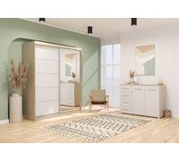 Armoire à portes coulissantes Armoire 183 cm avec un miroir Commode 135 cm à deux portes avec tiroirs Sonoma/Blanc Bella 03 /Frida 01 2er-Set