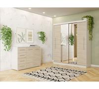 Armoire à portes coulissantes Armoire deux portes 204 cm Commode 135 cm et éclairage LED Blanc/Sonoma Torino Frida 01