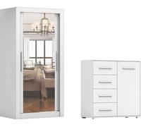 Armoire à portes coulissantes Armoire Milan 100cm avec miroir et commode Frida 90cm Blanc/Blanc Lot de 2