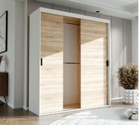 Armoire à trois portes coulissantes STILO 180 cm avec étagères et tringles Porte-manteau Blanc Sonoma poignées noires avec tiroirs