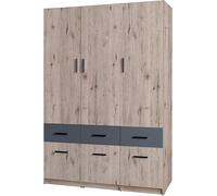Armoire à trois portes et six tiroirs de la collection FLEX, en chêne Wellington et gris graphite.