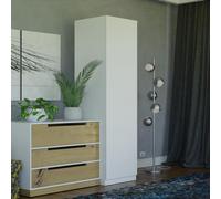 Armoire à une porte avec portes battantes Solana 50 cm de large avec tringles à vêtements, armoire sans poignées avec étagères, couleur : blanc