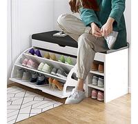 Armoire à vêtements et à chaussures en bois avec triple portes pliantes profondes, coussin d'assise en cuir écologique, banc de couloir et rangement élégant, 80 x 40 x 30 cm