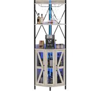 Armoire à Vin d'Angle Avec Prise électrique, Meuble Bar De Style Industriel Avec Bande LED Et Porte-Verres, Buffet En Bois à 4 étagères Pour La Maison Et Les Petits Espaces, Porte En Treillis
