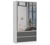 Armoire AKORD S90 avec miroir Blanche 90 cm 2 portes 2 tiroirs façade Gris Graphite 4 étagères 90x51x180 cm