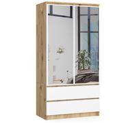 Armoire AKORD S90 avec miroir Chêne Artisan 90 cm 2 portes 2 tiroirs façade Blanche 4 étagères 90x51x180 cm