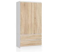 Armoire AKORD S90 Blanche 90 cm 2 portes 2 tiroirs façade Chêne Sonoma 4 étagères 90x51x180 cm