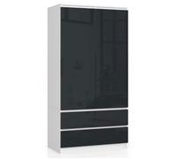 Armoire AKORD S90 Blanche 90 cm 2 portes 2 tiroirs façade Graphite Brillant 4 étagères 90x51x180 cm