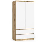 Armoire AKORD S90 Chêne Artisan 90 cm 2 portes 2 tiroirs façade Blanche 4 étagères 90x51x180 cm
