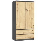 Armoire AKORD S90 Gris Graphite 90 cm 2 portes 2 tiroirs façade Chêne Artisan 4 étagères 90x51x180 cm