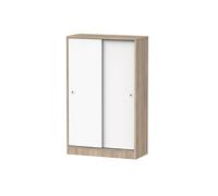Armoire auxiliaire meuble multi-usages basse à 2 portes coulissantes coloris Blanc et Chêne cambrien - Longueur 74 x Profondeur 33 x Hauteur 120 cm -