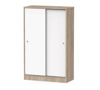 Armoire auxiliaire meuble multi-usages basse à 2 portes coulissantes coloris Blanc et Chêne cambrien
