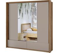Armoire avec 2 portes et miroirs, 2 tiroirs, tringle à vêtements et 5 étagères en chêne et beige