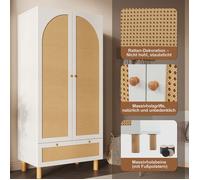 Armoire avec 2 portes et rattan style country Blanc avec grand tiroir étagères réglables en hauteur et porte-garde-robe 180x85x52cm