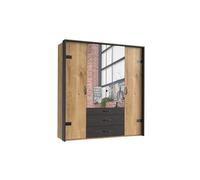 Armoire avec miroir 4 portes en chene poutre + un cadre en couleur rechampis raw steel - L200 x H216 x P58 cm -PEGANE- chêne poutre/rechampis raw steel