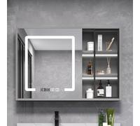 Armoire avec miroir et lumière, design anti-buée, rétroéclairage LED, porte en verre, rangement de salle de bain avec affichage de l'heure