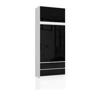 Armoire avec surmeuble AKORD S90 Blanche 90 cm 2 portes 2 tiroirs façade Noir Brillant 6 étagères 90x51x234 cm