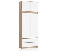 Armoire avec surmeuble S90 Chêne Sonoma 90 cm 2 portes 2 tiroirs façade Blanche 6 étagères 90x51x234 cm