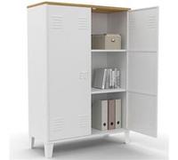 IDMarket Armoire basse ESTER – 2 portes métal blanc, plateau bois, design industriel