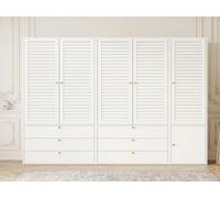 Armoire blanche à 5 portes, persiennes, 3 tringles, 225 x 50 x 200 cm | Panneaux de particules blancs, 6 tiroirs, 3 tringles, porte-pantalons coulissant et espaces séparés pour vêtements