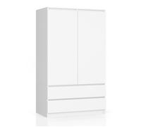 Armoire blanche avec 2 portes et 2 tiroirs, 90x180 cm, tringle à vêtements, armoire, chambre, salon, blanc
