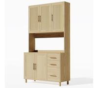 Armoire-buffet cuisine vaisselier surélevé, éclairage LED RGB pilotage application, prises standard européen, double ports USB, étagères réglables, trois tiroirs, portes rotin tressé (Bois)