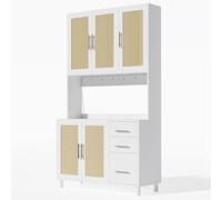 Armoire-buffet cuisine vaisselier surélevé, éclairage LED RGB pilotage application, prises standard européen, double ports USB, étagères réglables, trois tiroirs, portes rotin tressé (Blanc)