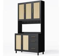 Armoire-buffet cuisine vaisselier surélevé, éclairage LED RGB pilotage application, prises standard européen, double ports USB, étagères réglables, trois tiroirs, portes rotin tressé (Noir)