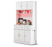 Armoire Buffet de Cuisine Haut Meuble de Rangement Vaisselier avec Éclairage LED et Prises Étagères Ajustables Bar à Café Blanc