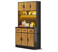 Armoire Buffet de Cuisine Haut Meuble de Rangement Vaisselier avec Éclairage LED Étagères Ajustables Bar à Café Noir et Naturel
