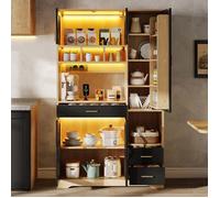 Armoire Buffet Haut de Cuisine 185x105x40 cm - Eclairage LED, 4 Prises et USB, Plan de Travail, Tiroir et Etagères Réglables,Bois