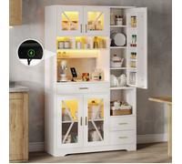 Armoire Buffet Haut de Cuisine 185x105x40 cm - Eclairage LED, 4 Prises et USB, Plan de Travail, Tiroir et Etagères Réglables - Blanc