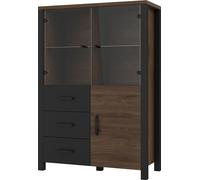 Armoire buffet haute Collection DARWIN. Couleur chêne foncé et noir. 3 portes et 3 tiroirs.