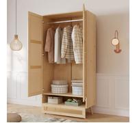 Armoire Chambre 2 Portes en Rotin et Bois Naturel avec Penderie - Garde-Robe avec Compartiment Bas à Abattant - Style Scandinave