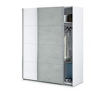Armoire, Chambre à coucher, Armoire avec 2 portes coulissantes, Modèle Tekkan, Finition en Blanc Artik et Gris Ciment, Mesures : 150 cm (L) x 200 cm (H) x 60 cm (P)