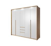 Armoire Chambre double penderie et étagères 2 portes 3 tiroirs 220cm Blanc et Chêne - LYAN