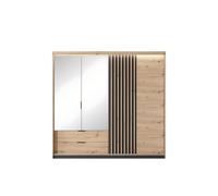 Armoire Chambre double penderie et étagères 3 portes miroir 220cm Chêne et Noir - LYTA