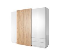 Armoire Chambre double penderie et étagères 4 portes 2 tiroirs 220cm Blanc et Chêne - ALMOSA