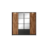 Armoire Chambre penderie et étagères 4 portes 2 tiroirs miroir 220cm Chêne et Noir - LONDON