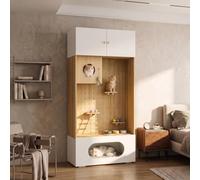 Armoire Chat,Arbre à Chat Mural Chêne avec Niche Coussin,Cache-Litière | 90x50x200cm,Panneau Perforé,Espace de Rangement Fermés Supérieur,Tapis à Griffer,Espace de Jeu,Maison de Repas,Salon,Blanc
