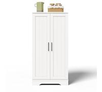 Armoire-colonne cuisine, placard 2-portes, lumière LED-sensorielle USB-rechargeable, tablettes ajustables amovibles, étagères-latérales intégrées, façades 3D-ondulées, poignées métalliques (Blanc)