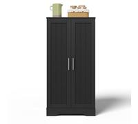 Armoire-colonne cuisine, placard 2-portes, lumière LED-sensorielle USB-rechargeable, tablettes ajustables amovibles, étagères-latérales intégrées, façades 3D-ondulées, poignées métalliques (Noir)