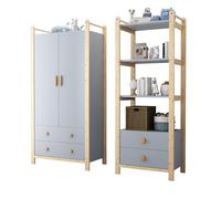 Armoire Combinée avec Bibliothèque - Meuble Rangement Enfant avec Barre de Penderie, Tiroirs et Étagères, Gain de Place Pin et MDF, Multifonction Chambre & Entrée, Bleu + Naturel, 160x44x180.5 cm