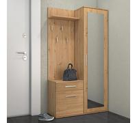 Armoire compacte Fiora 120 cm de large 3-st. Ensemble d'armoires Panneau d'armoire Porte-chaussures avec miroir, couleur : Artisan