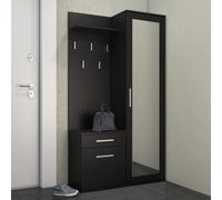 Armoire compacte Fiora 120 cm de large 3-st. Ensemble penderie panneau penderie porte-chaussures avec miroir, couleur : noir