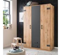Armoire CORFOU Décor Chene et anthracite 3 portes battantes 2 tiroirs L135 P58 H Anthracite G