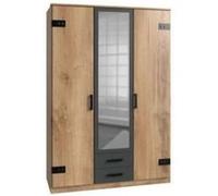 Armoire CORFOU Décor Chene et anthracite Miroir 3 portes battantes 2 tiroirs L135 Anthracite G